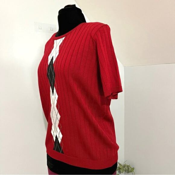 Vintage Alfred Dunner Argyle Short Sleeve Red Pullover Knit Sweater Top Medium - Picture 3 of 11